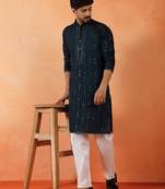 Cotton silk sequenced & embroidered navy blue festive kurta with pyjamas