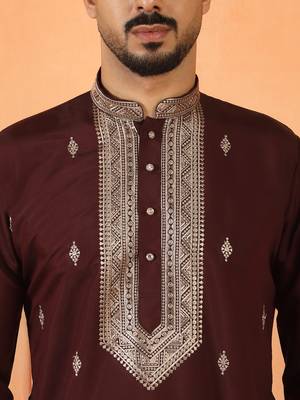 Cotton silk yoke design embroidered wine kurta set with dupatta 2