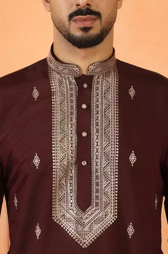 Cotton silk yoke design embroidered wine kurta set with dupatta