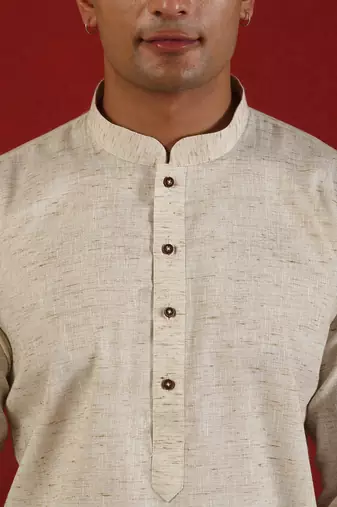 Khadi cotton solid knee length off white kurta and pyjama