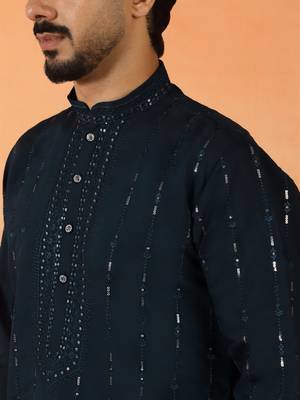 Cotton silk sequenced & embroidered navy blue festive kurta with pyjamas 2