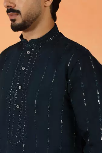 Cotton silk sequenced & embroidered navy blue festive kurta with pyjamas
