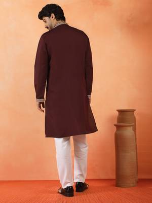 Cotton silk yoke design embroidered wine kurta set with dupatta 3