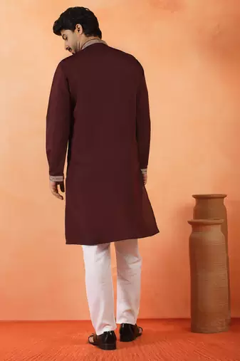 Cotton silk yoke design embroidered wine kurta set with dupatta