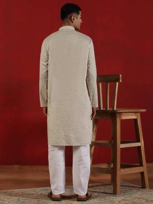Khadi cotton solid knee length off white kurta and pyjama 3