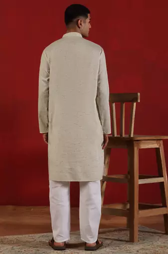 Khadi cotton solid knee length off white kurta and pyjama