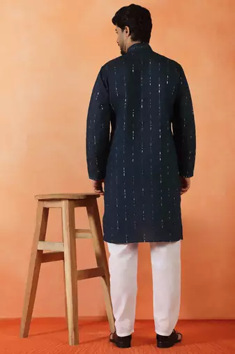 Cotton silk sequenced & embroidered navy blue festive kurta with pyjamas