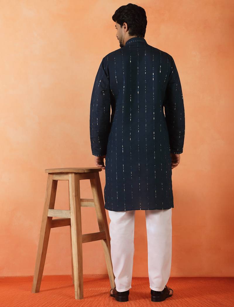 Cotton silk sequenced & embroidered navy blue festive kurta with pyjamas