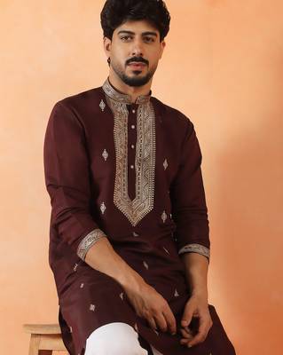 Cotton silk yoke design embroidered wine kurta set with dupatta 5