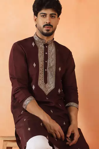 Cotton silk yoke design embroidered wine kurta set with dupatta