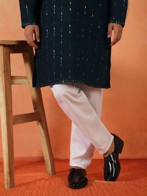 Cotton silk sequenced & embroidered navy blue festive kurta with pyjamas 5