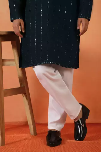 Cotton silk sequenced & embroidered navy blue festive kurta with pyjamas