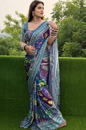 Colourblocked mirror work designer bandhani saree