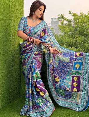 Colourblocked mirror work designer bandhani saree 2