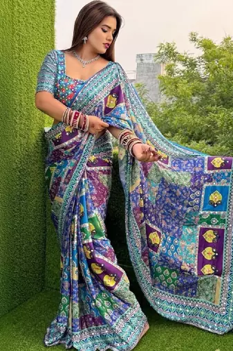 Colourblocked mirror work designer bandhani saree