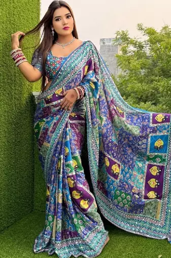 Colourblocked mirror work designer bandhani saree
