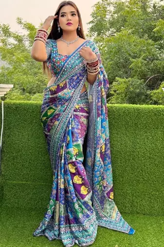 Colourblocked mirror work designer bandhani saree