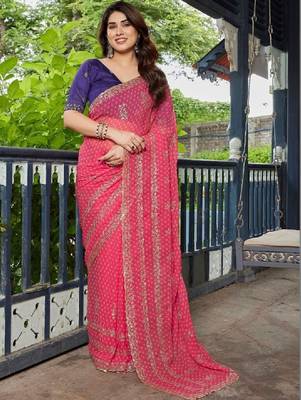 Floral zari pure georgette heavy work bandhani saree 1