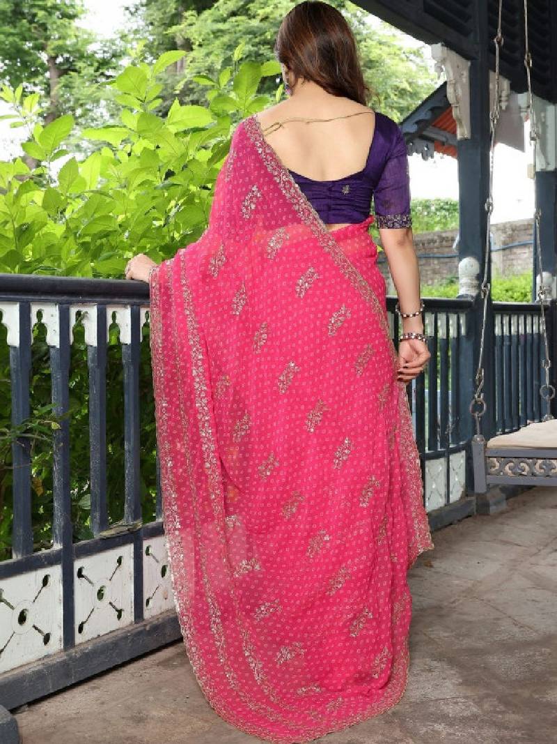 Floral zari pure georgette heavy work bandhani saree