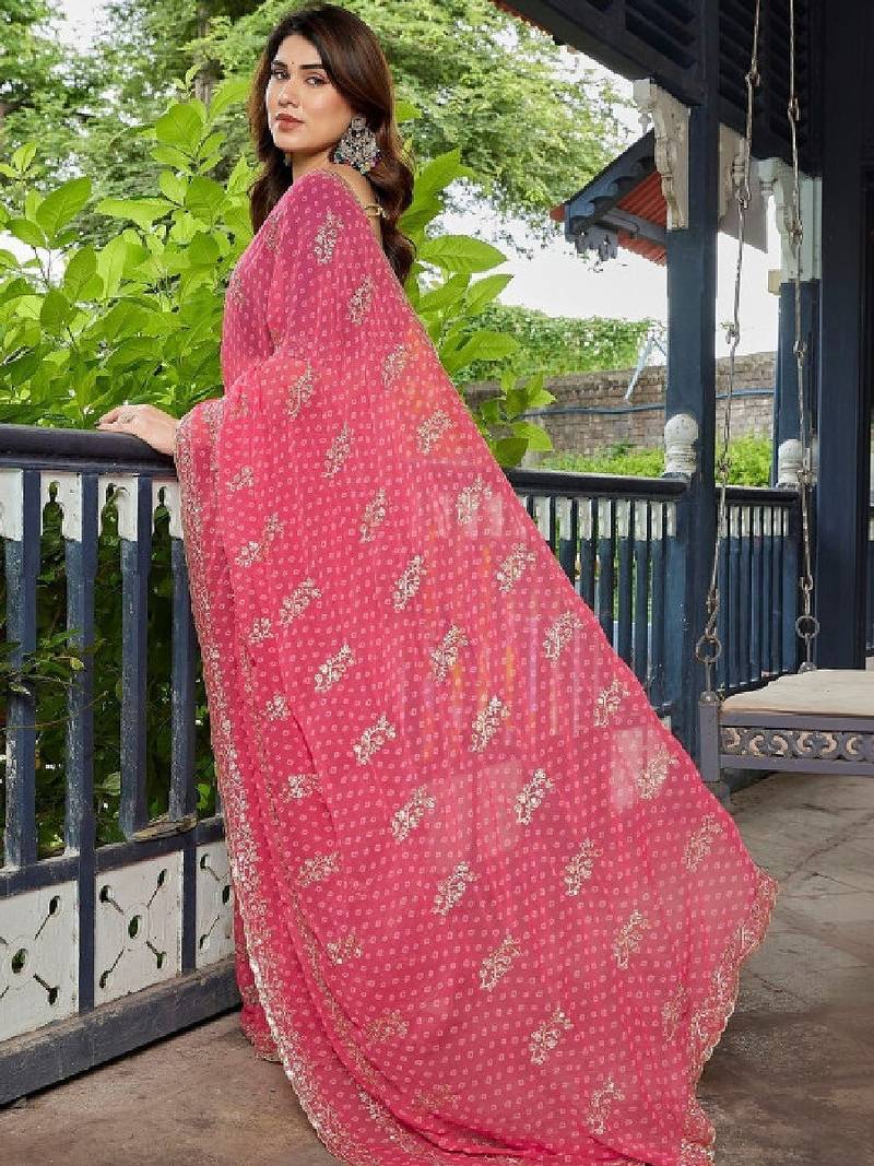 Floral zari pure georgette heavy work bandhani saree