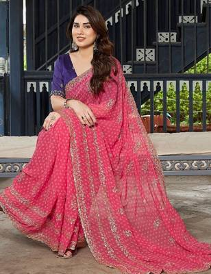 Floral zari pure georgette heavy work bandhani saree 4
