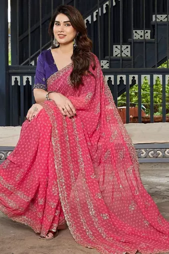 Floral zari pure georgette heavy work bandhani saree