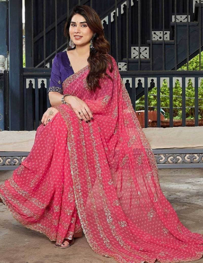 Floral zari pure georgette heavy work bandhani saree