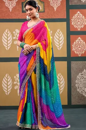 Tie and dye embroidered pure chiffon designer bandhani saree