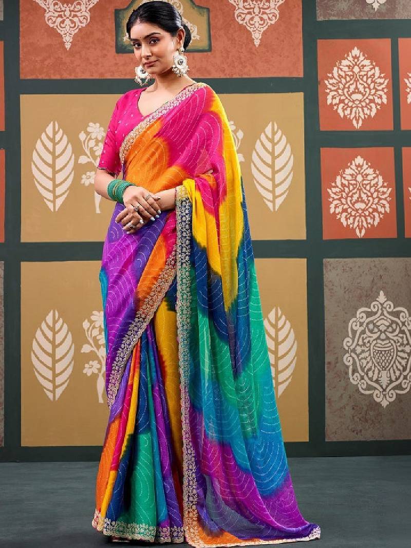 Tie and dye embroidered pure chiffon designer bandhani saree