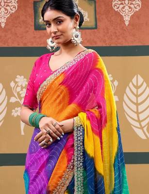 Tie and dye embroidered pure chiffon designer bandhani saree 2