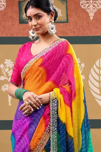 Tie and dye embroidered pure chiffon designer bandhani saree