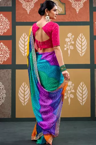 Tie and dye embroidered pure chiffon designer bandhani saree