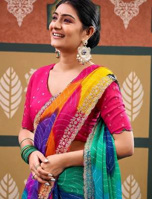 Tie and dye embroidered pure chiffon designer bandhani saree 4