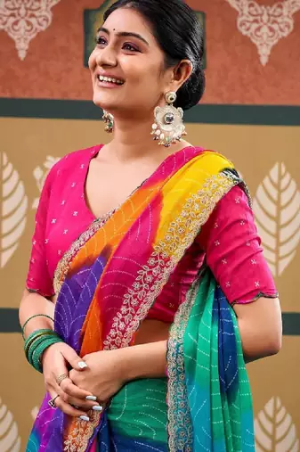 Tie and dye embroidered pure chiffon designer bandhani saree