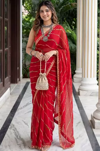 Red woven design zari leheriya saree with unstiched blouse