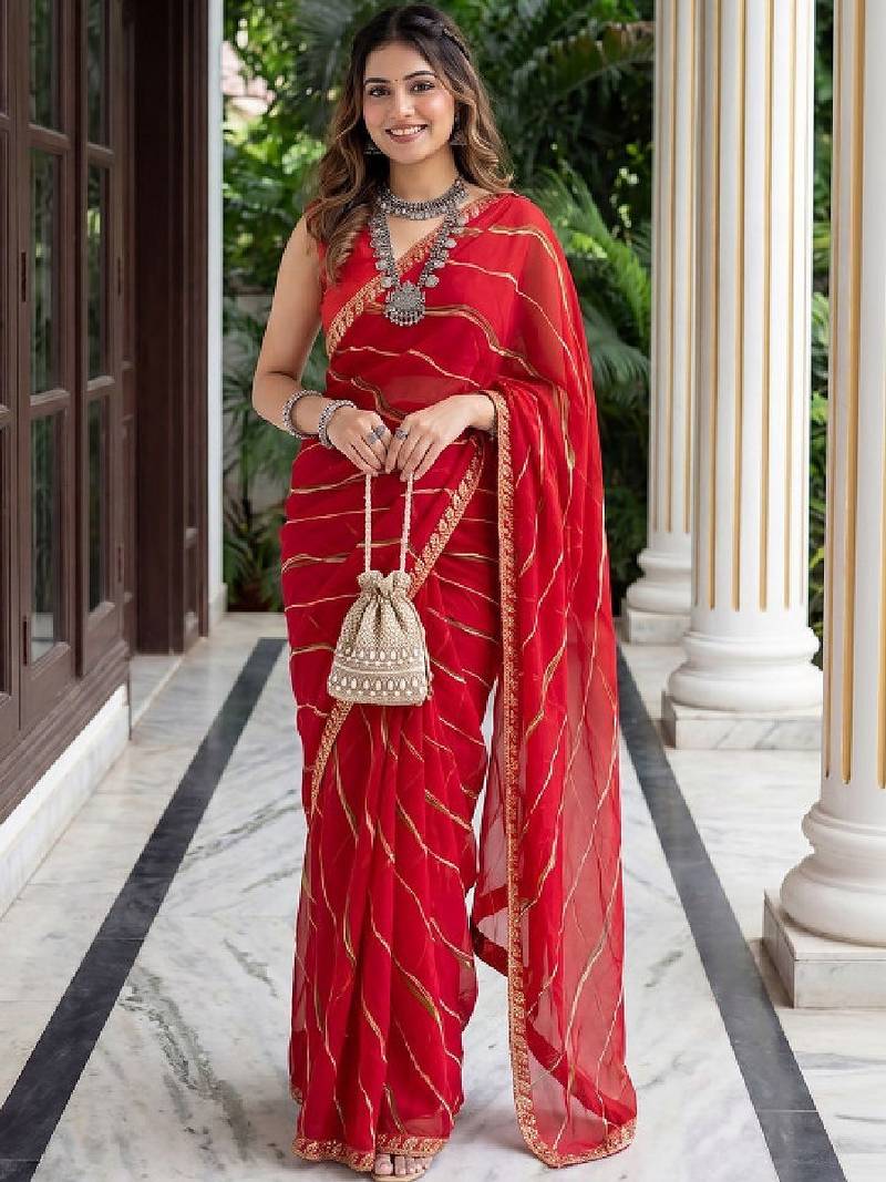 Red woven design zari leheriya saree with unstiched blouse