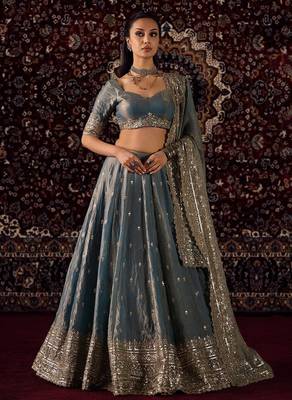 Blue Fandy Silk Zari Embroidered Sequins Lehenga Women's Wedding Wear 1