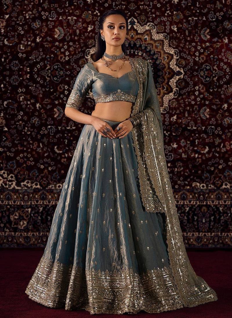 Blue Fandy Silk Zari Embroidered Sequins Lehenga Women's Wedding Wear