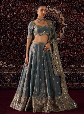 Blue Fandy Silk Zari Embroidered Sequins Lehenga Women's Wedding Wear 3