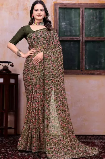 Floral poly georgette bandhani saree