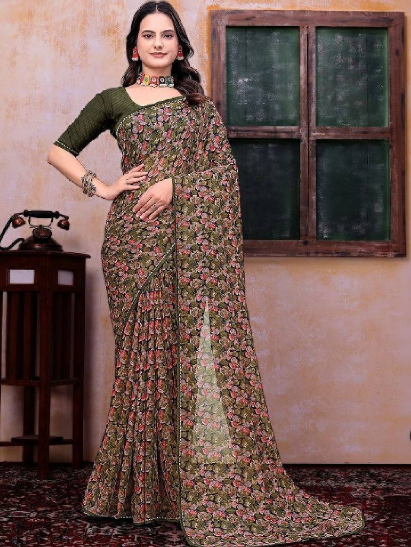 Floral poly georgette bandhani saree