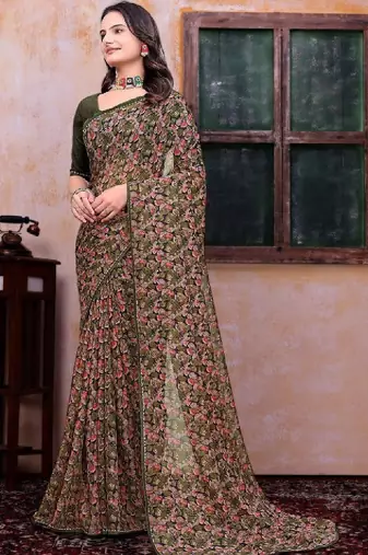 Floral poly georgette bandhani saree