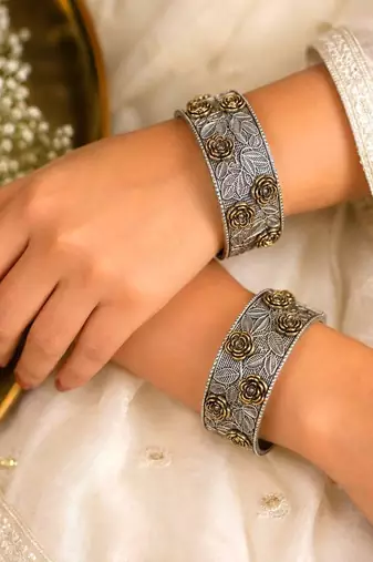 Silver Oxidized Brass Floral Cuff Bracelet, Adjustable Statement Bangle, Boho Tribal Bracelet