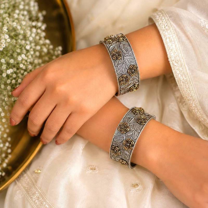 Silver Oxidized Brass Floral Cuff Bracelet, Adjustable Statement Bangle, Boho Tribal Bracelet