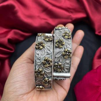 Silver Oxidized Brass Floral Cuff Bracelet, Adjustable Statement Bangle, Boho Tribal Bracelet 2