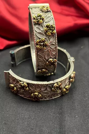 Silver Oxidized Brass Floral Cuff Bracelet, Adjustable Statement Bangle, Boho Tribal Bracelet