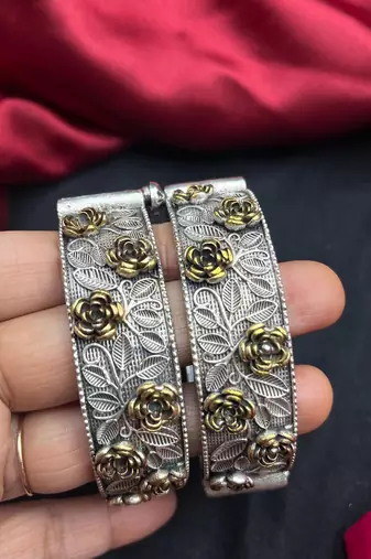 Silver Oxidized Brass Floral Cuff Bracelet, Adjustable Statement Bangle, Boho Tribal Bracelet