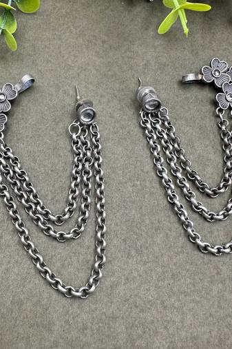 Bugadi Earcuff Earrings: Indian German Silver Chain Dangle Earrings