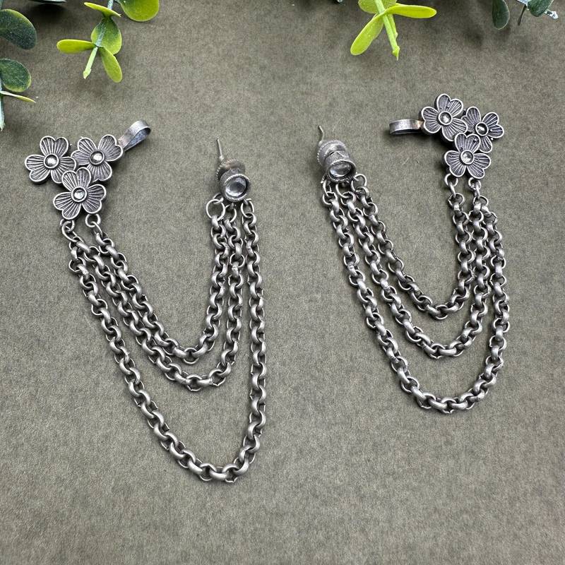 Bugadi Earcuff Earrings: Indian German Silver Chain Dangle Earrings