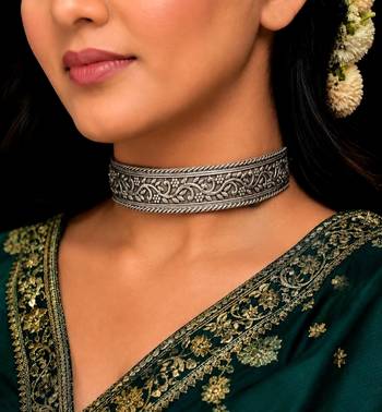 Oxidized Silver Plated Choker Necklace • Handcrafted Chitai Work Floral Vine Hasli Choker 1